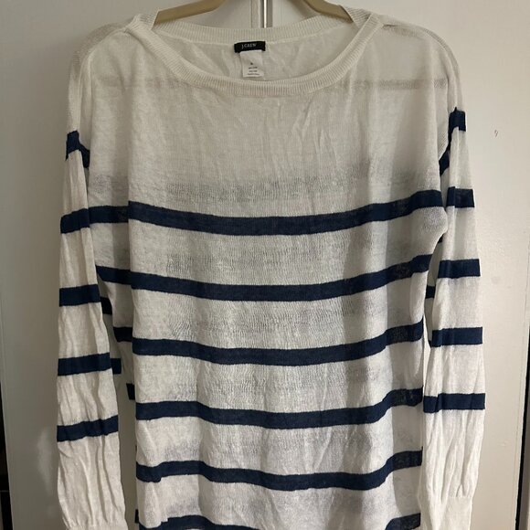J.Crew 100% Linen Striped Long Sleeve Sweater | White & Navy | Women’s XL - Picture 1 of 4